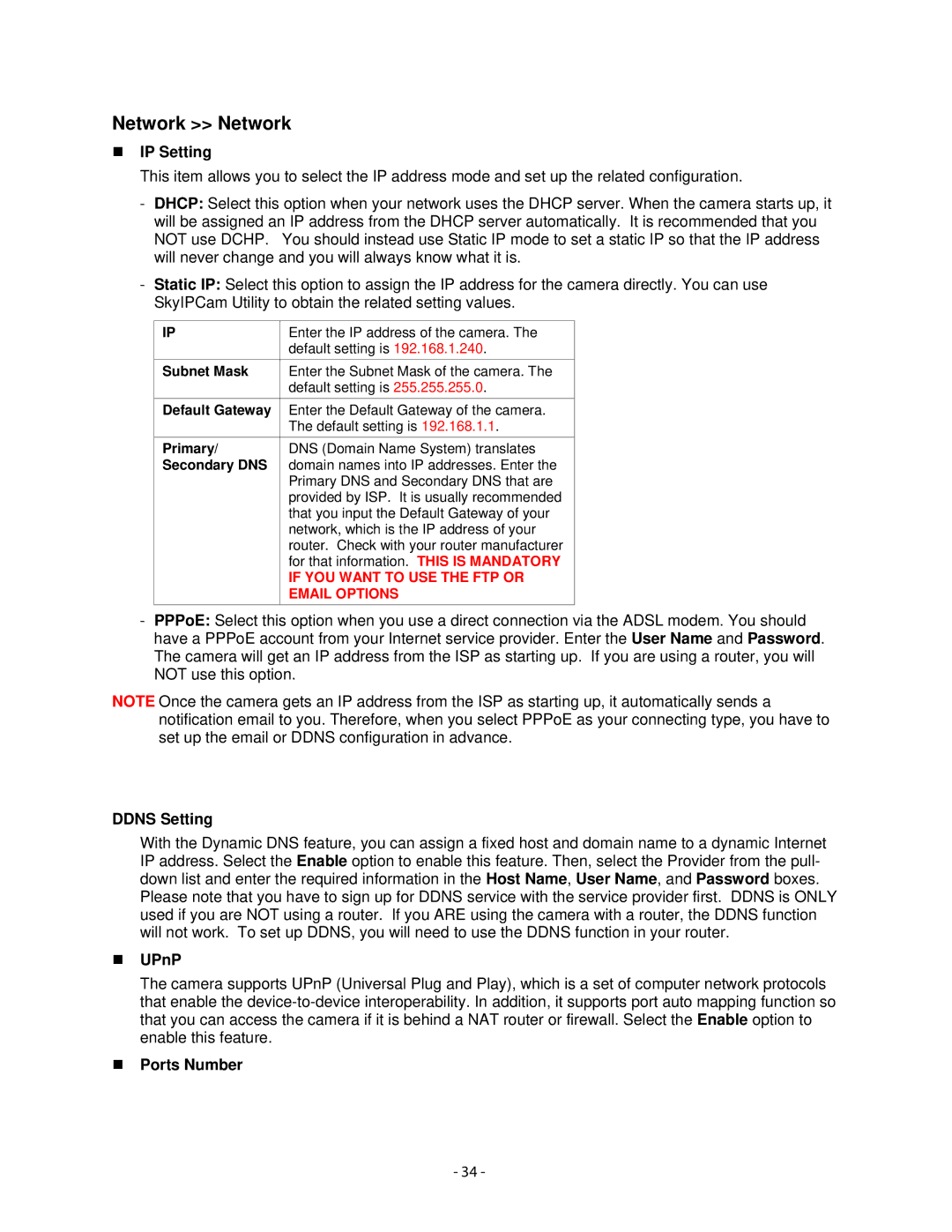 Airlink101 AICN500W user manual Network Network, „ IP Setting, Ddns Setting, „ UPnP, „ Ports Number 