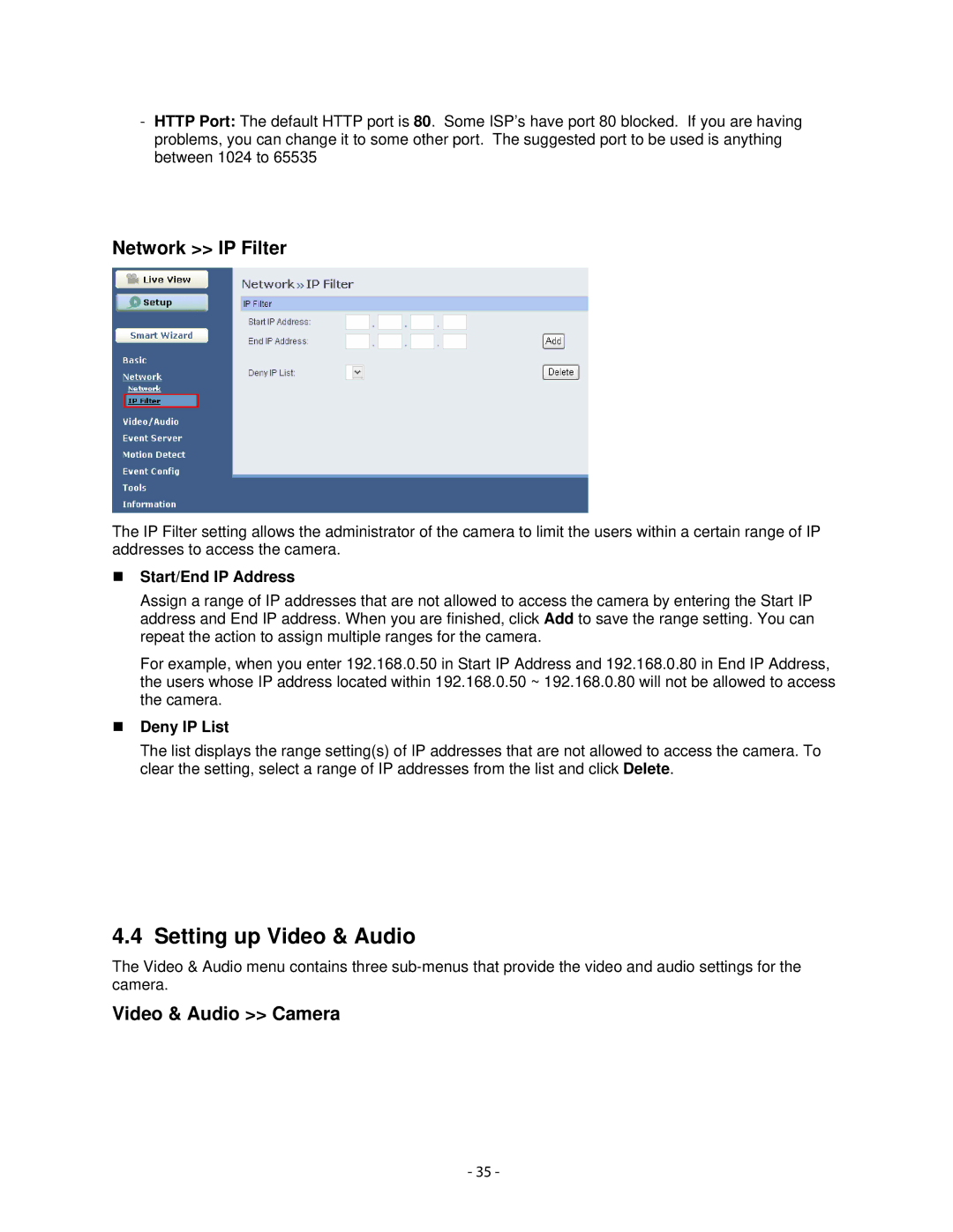 Airlink101 AICN500W user manual Setting up Video & Audio, Network IP Filter, Video & Audio Camera, „ Start/End IP Address 