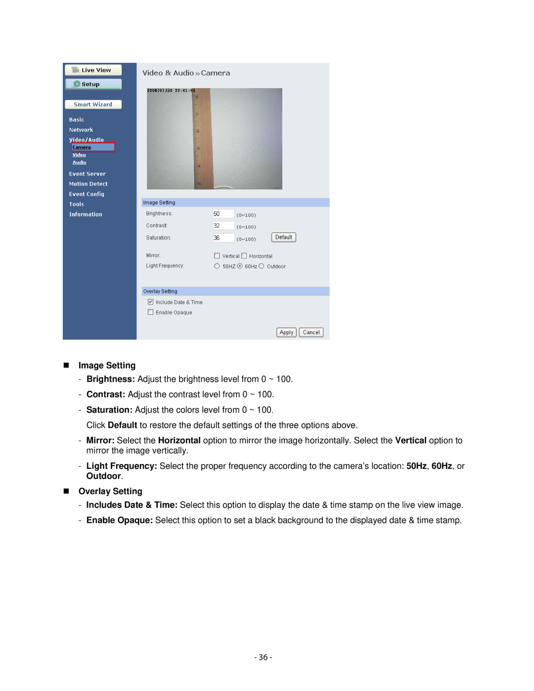 Airlink101 AICN500W user manual „ Image Setting, „ Overlay Setting 