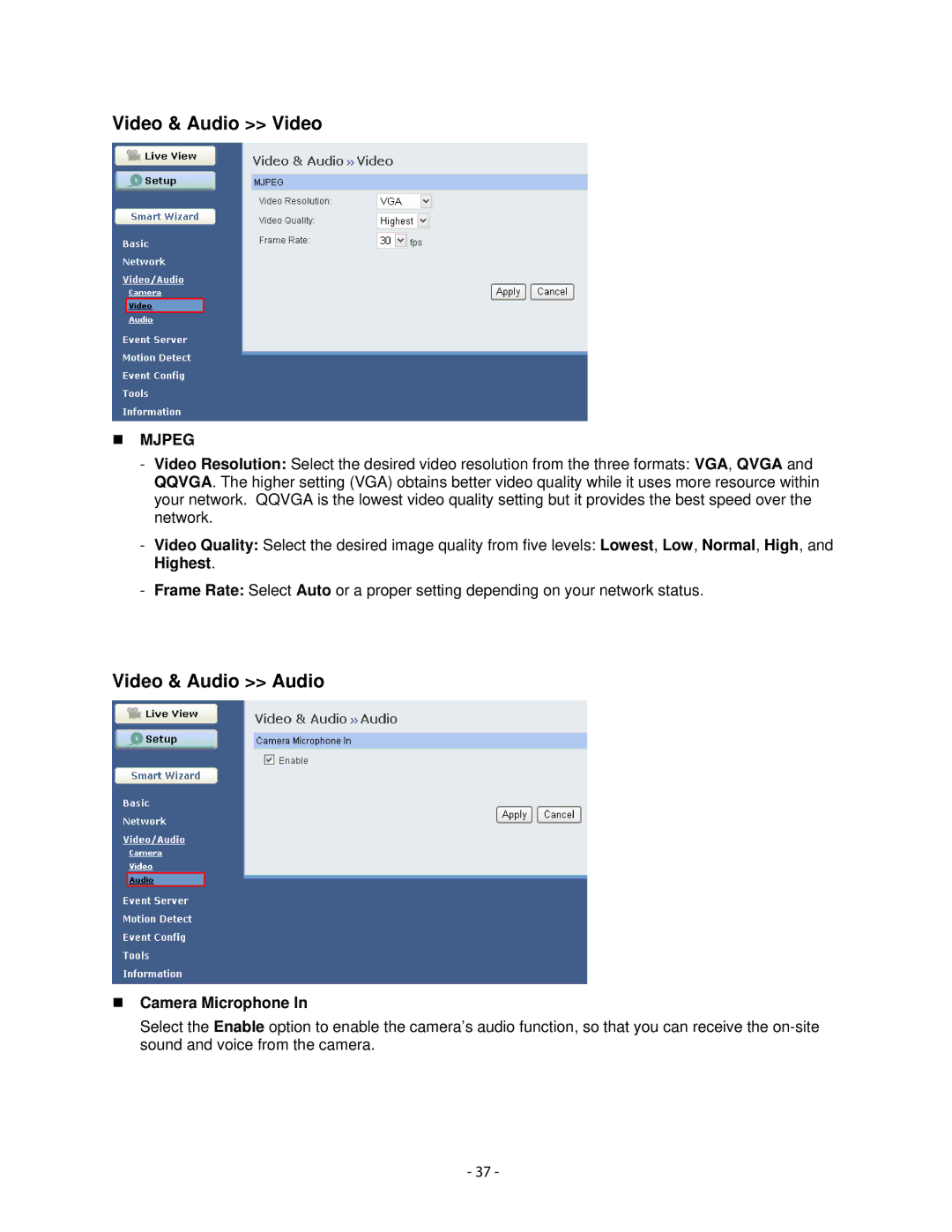 Airlink101 AICN500W user manual Video & Audio Video, Video & Audio Audio, „ Camera Microphone 