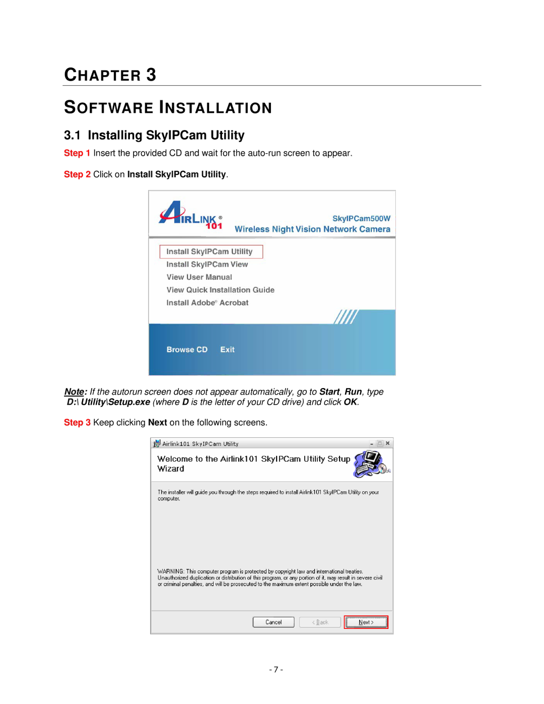 Airlink101 AICN500W user manual Installing SkyIPCam Utility, Click on Install SkyIPCam Utility 