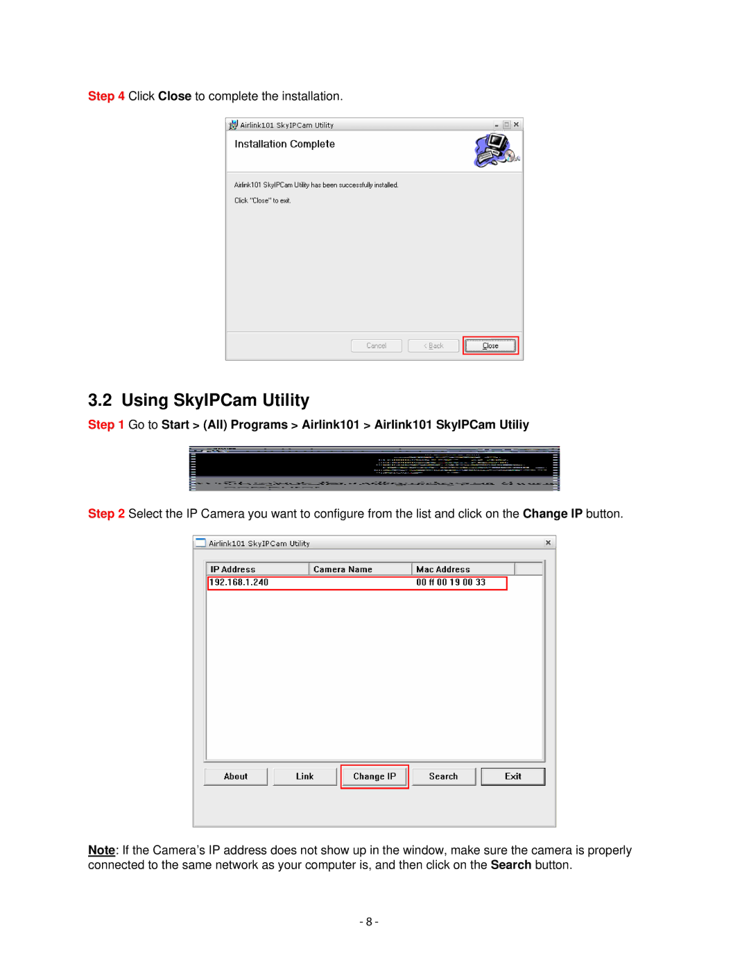 Airlink101 AICN500W user manual Using SkyIPCam Utility 