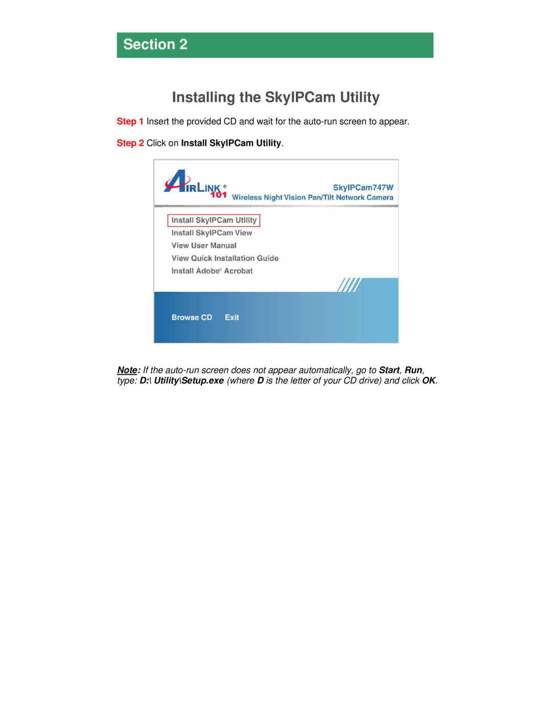 Airlink101 AICN747W manual Installing the SkyIPCam Utility, Click on Install SkyIPCam Utility 