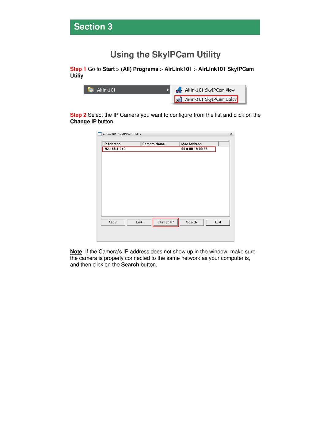 Airlink101 AICN747W manual Using the SkyIPCam Utility 