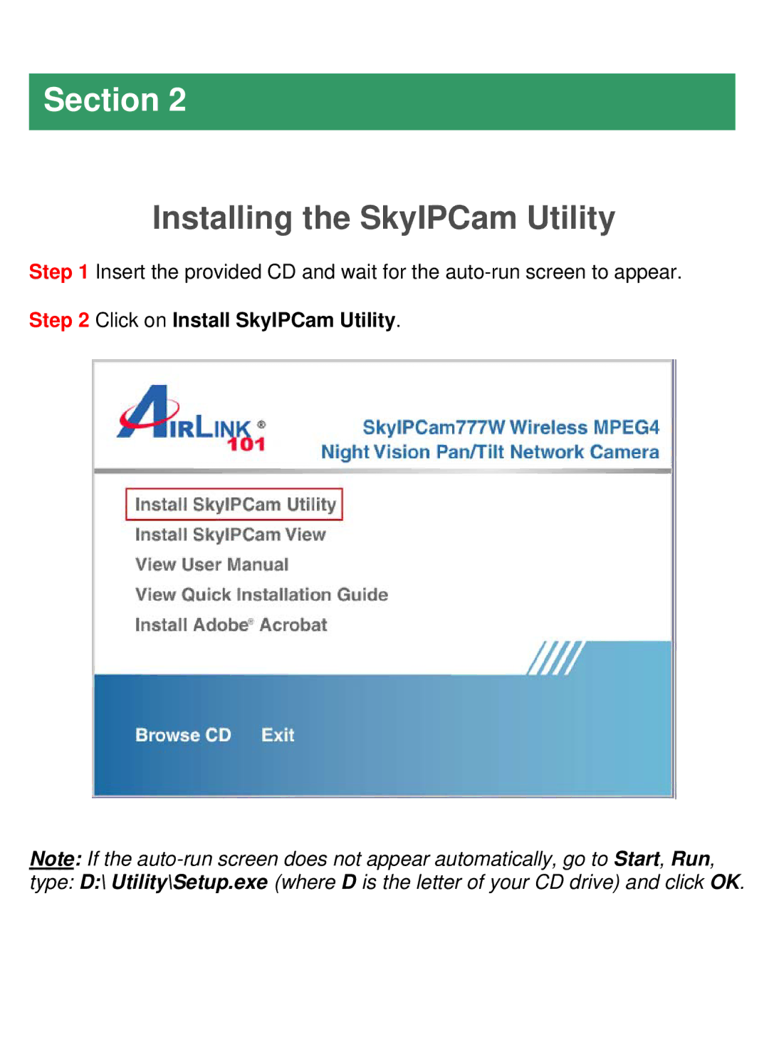 Airlink101 AICN777W manual Installing the SkyIPCam Utility, Click on Install SkyIPCam Utility 