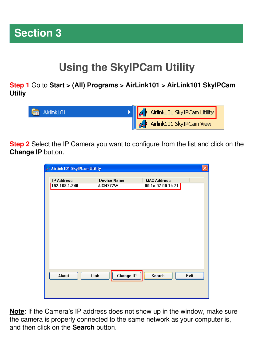 Airlink101 AICN777W manual Using the SkyIPCam Utility 