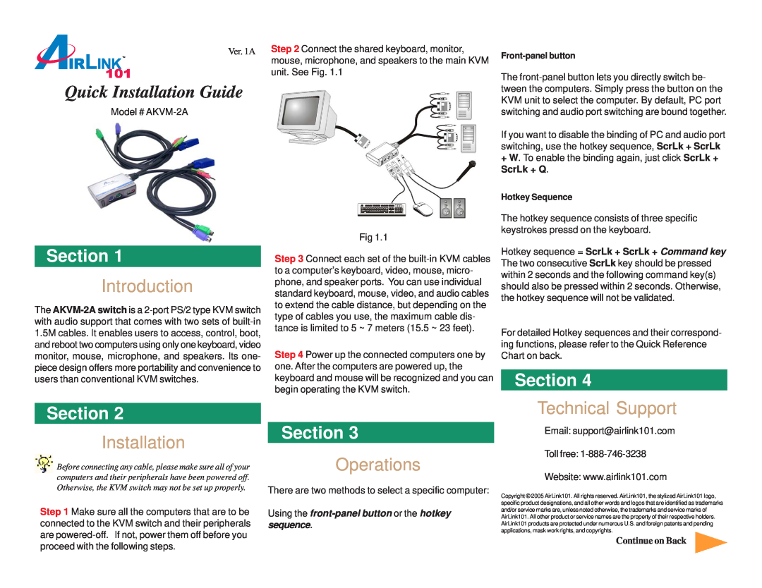 Airlink101 AKVM-2A manual Introduction, Operations, Technical Support, Quick Installation Guide, Section, Ver. 1A 