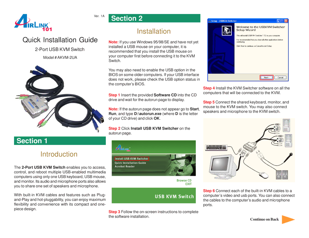 Airlink101 manual Introduction, Installation, Model # AKVM-2UA, Click Install USB KVM Switcher on the autorun 