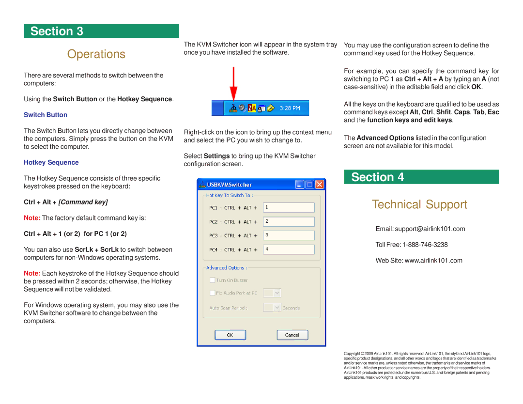 Airlink101 AKVM-2UA manual Operations, Technical Support, Switch Button, Hotkey Sequence 