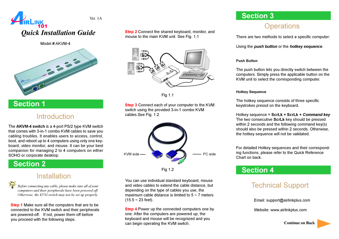 Airlink101 AKVM-4 manual Introduction, Operations, Technical Support, Quick Installation Guide, Section 