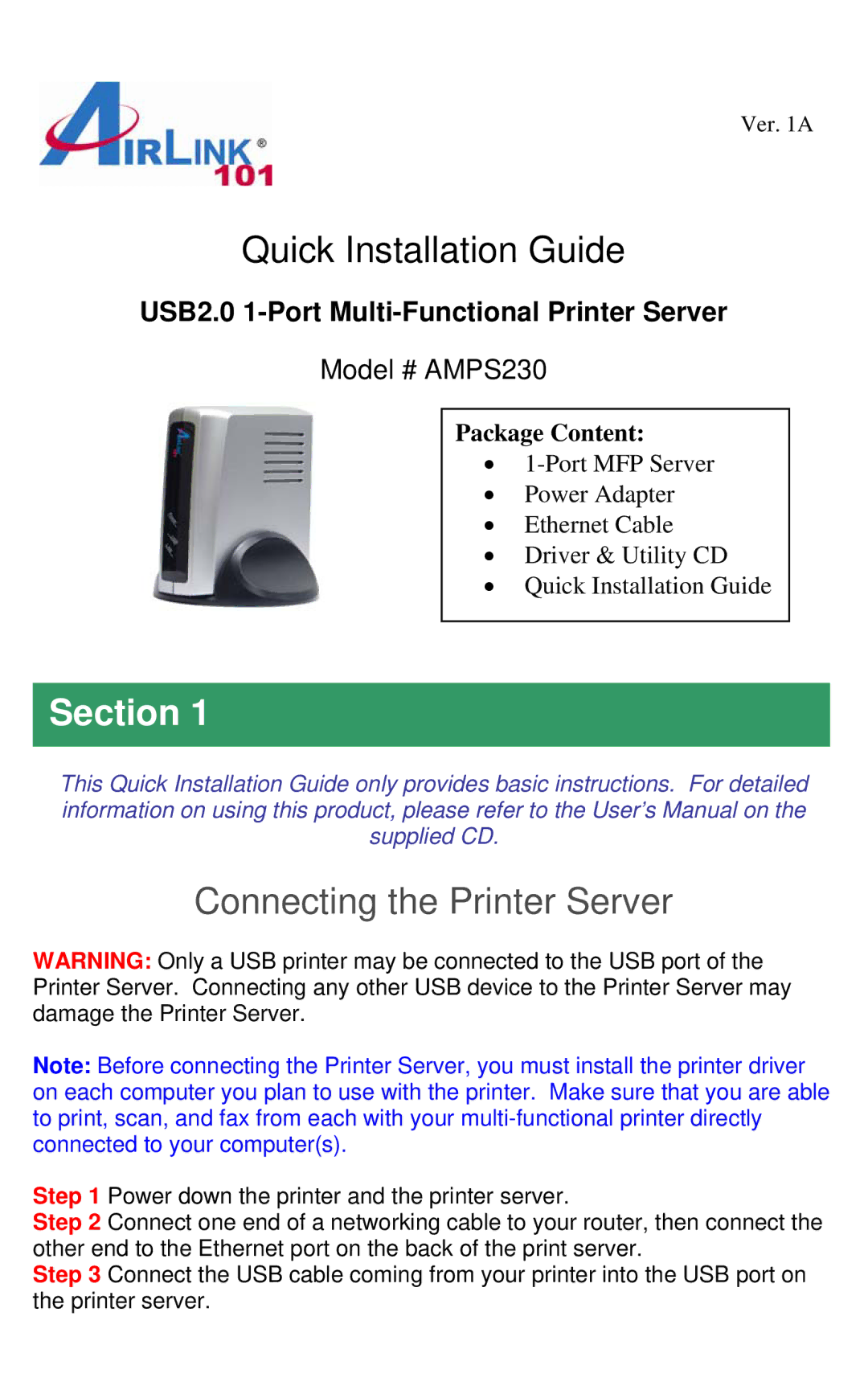 Airlink101 AMPS230 user manual Quick Installation Guide, Connecting the Printer Server 