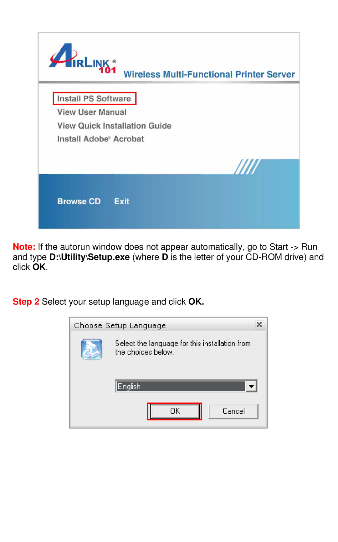 Airlink101 AMPS240W user manual Select your setup language and click OK 