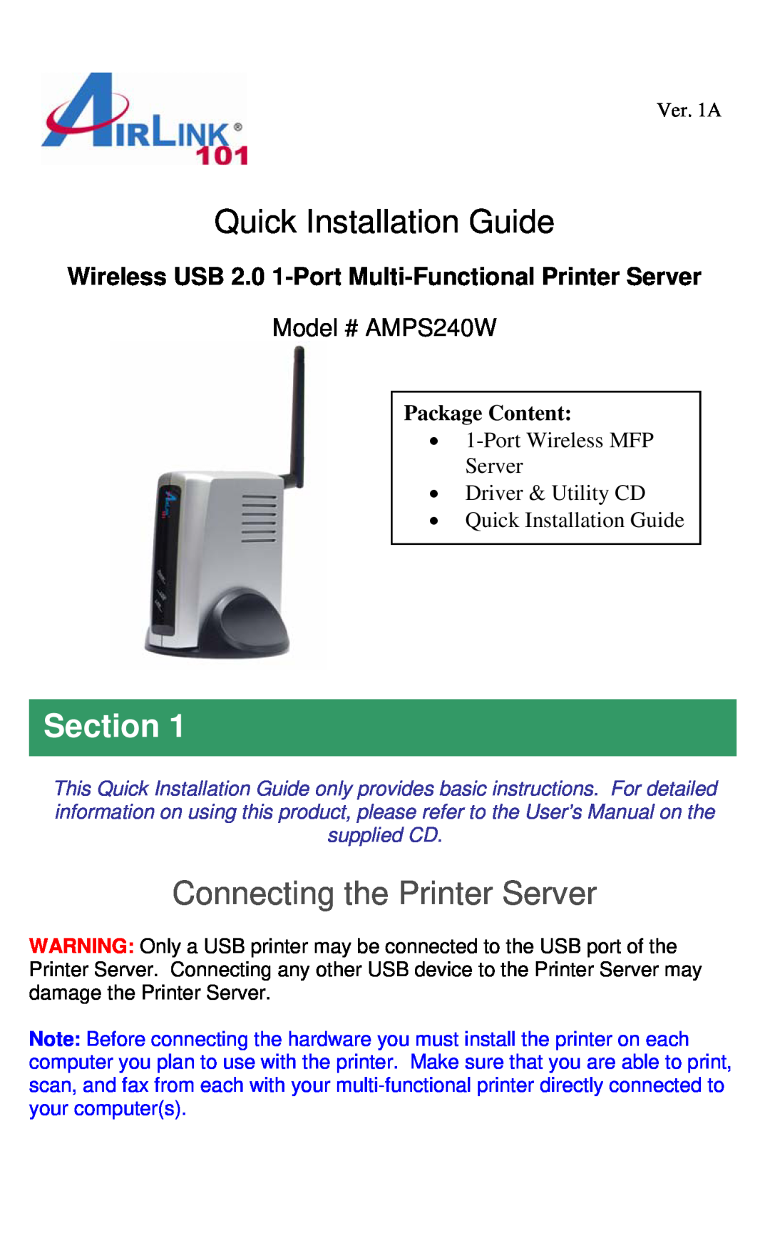 Airlink101 user manual Section, Connecting the Printer Server, Quick Installation Guide, Model # AMPS240W 