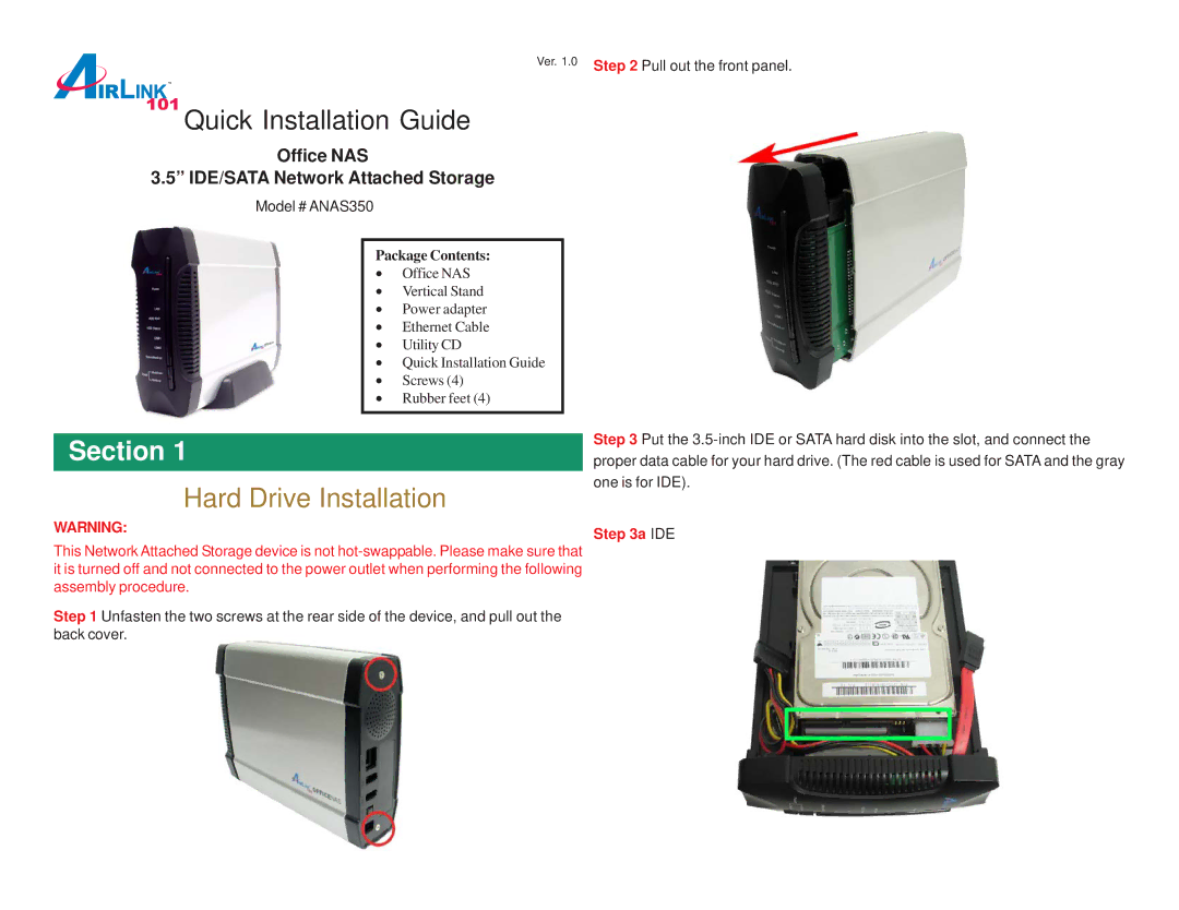 Airlink101 ANAS350 manual Section, Hard Drive Installation, Ide 