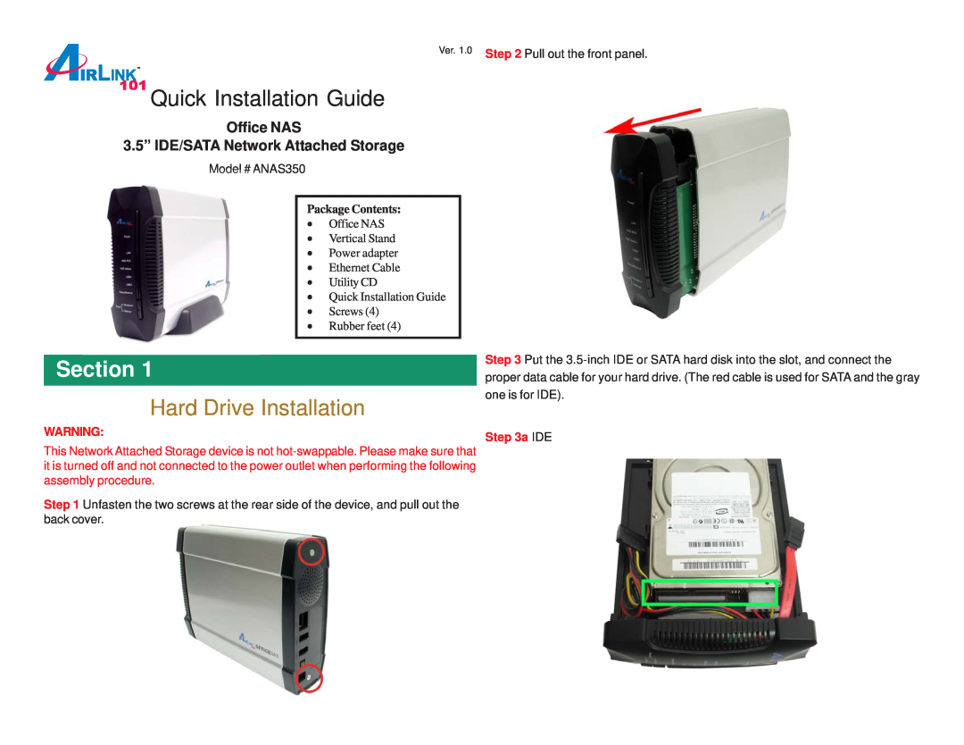 Airlink101 ANAS350 manual Section, Hard Drive Installation, Package Contents, a IDE, Quick Installation Guide 