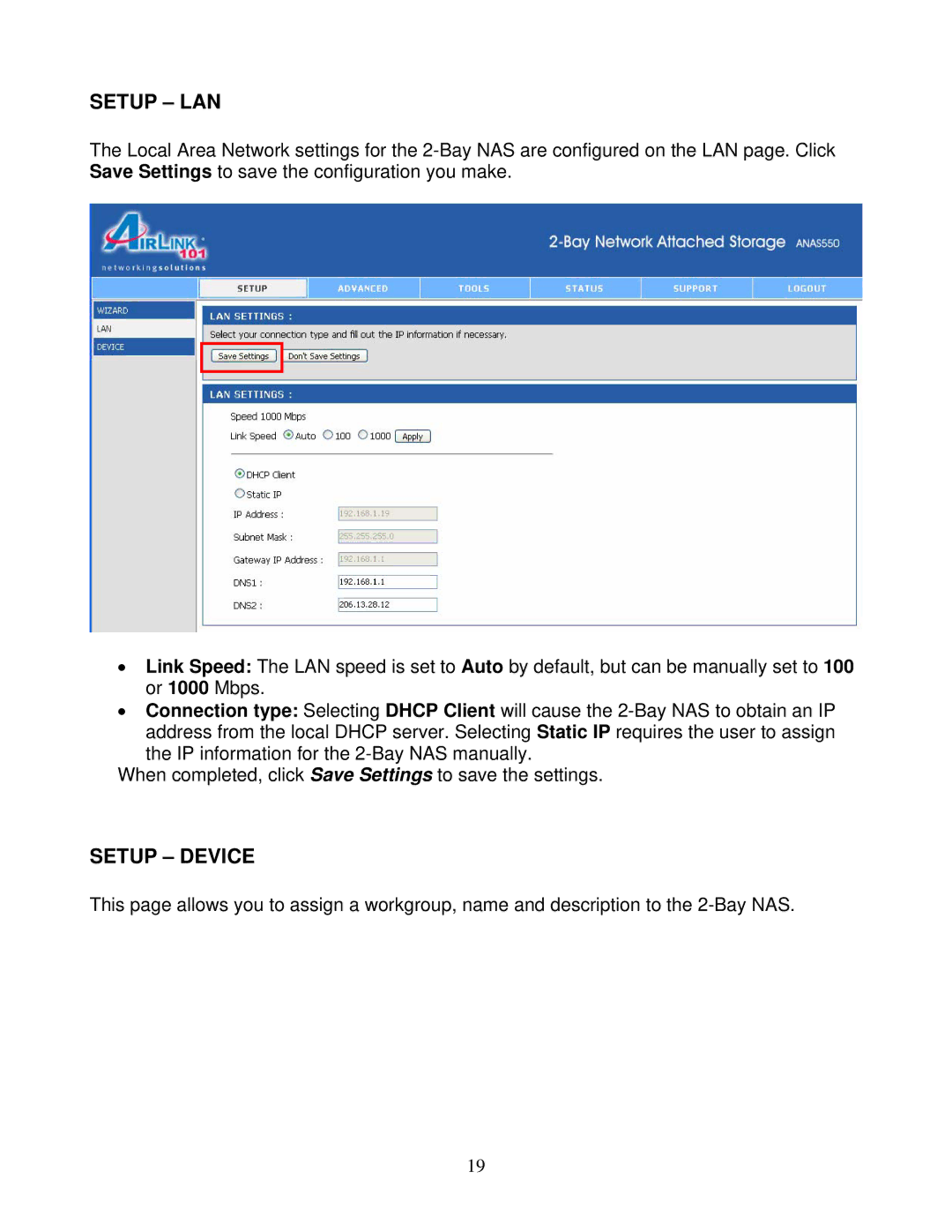 Airlink101 ANAS550 user manual Setup LAN, Setup Device 