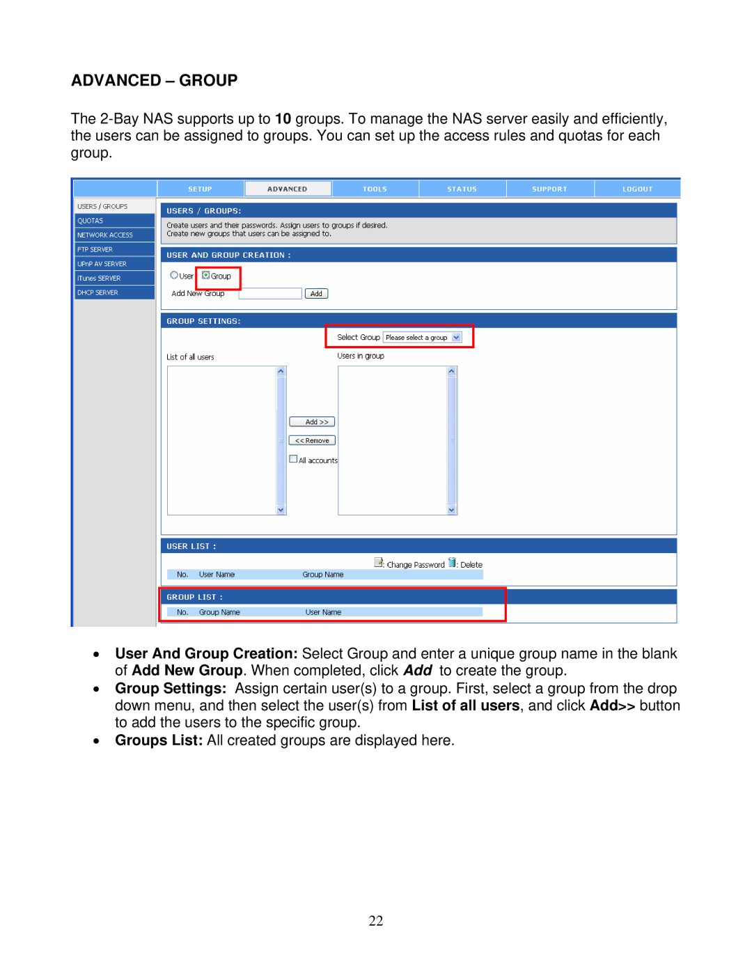 Airlink101 ANAS550 user manual Advanced Group 