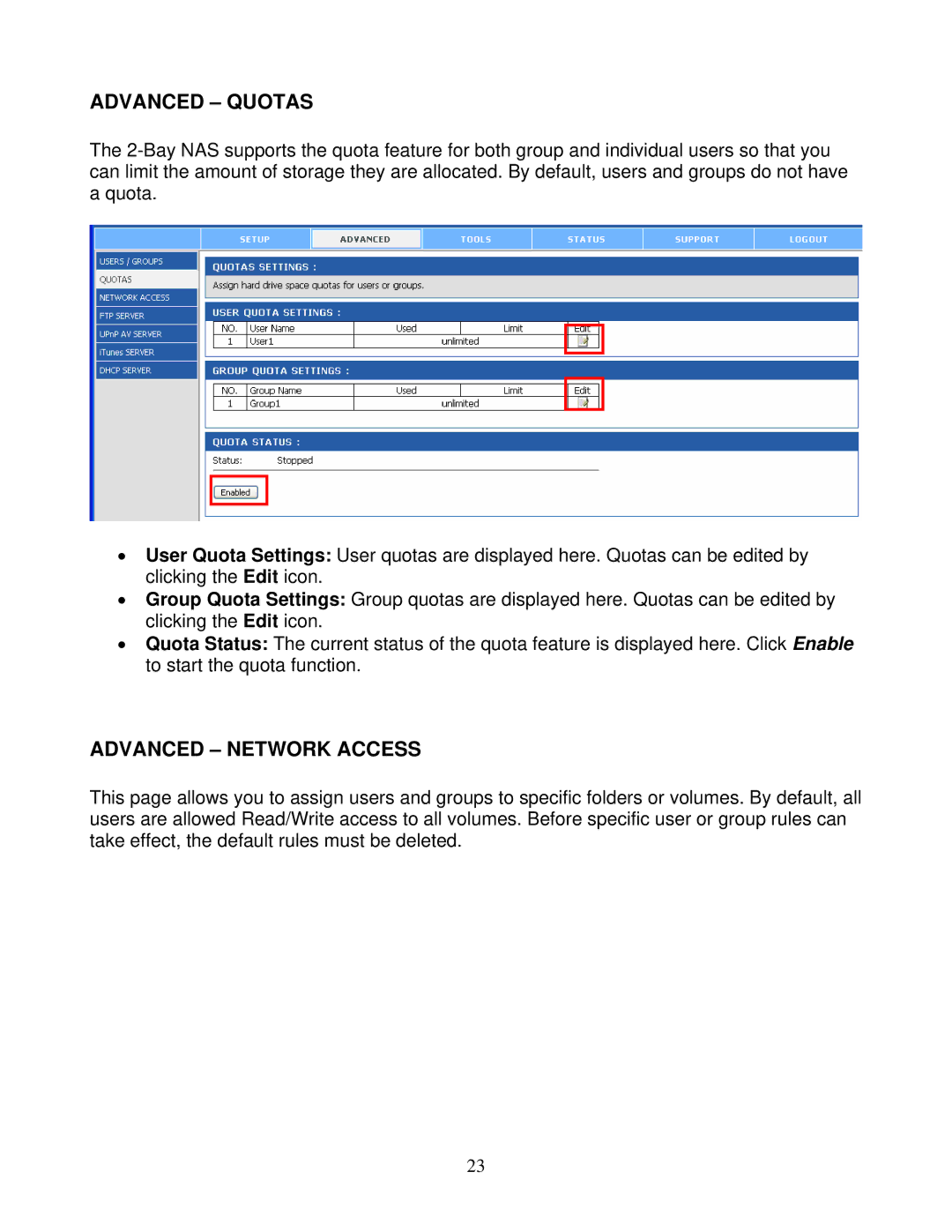 Airlink101 ANAS550 user manual Advanced Quotas, Advanced Network Access 