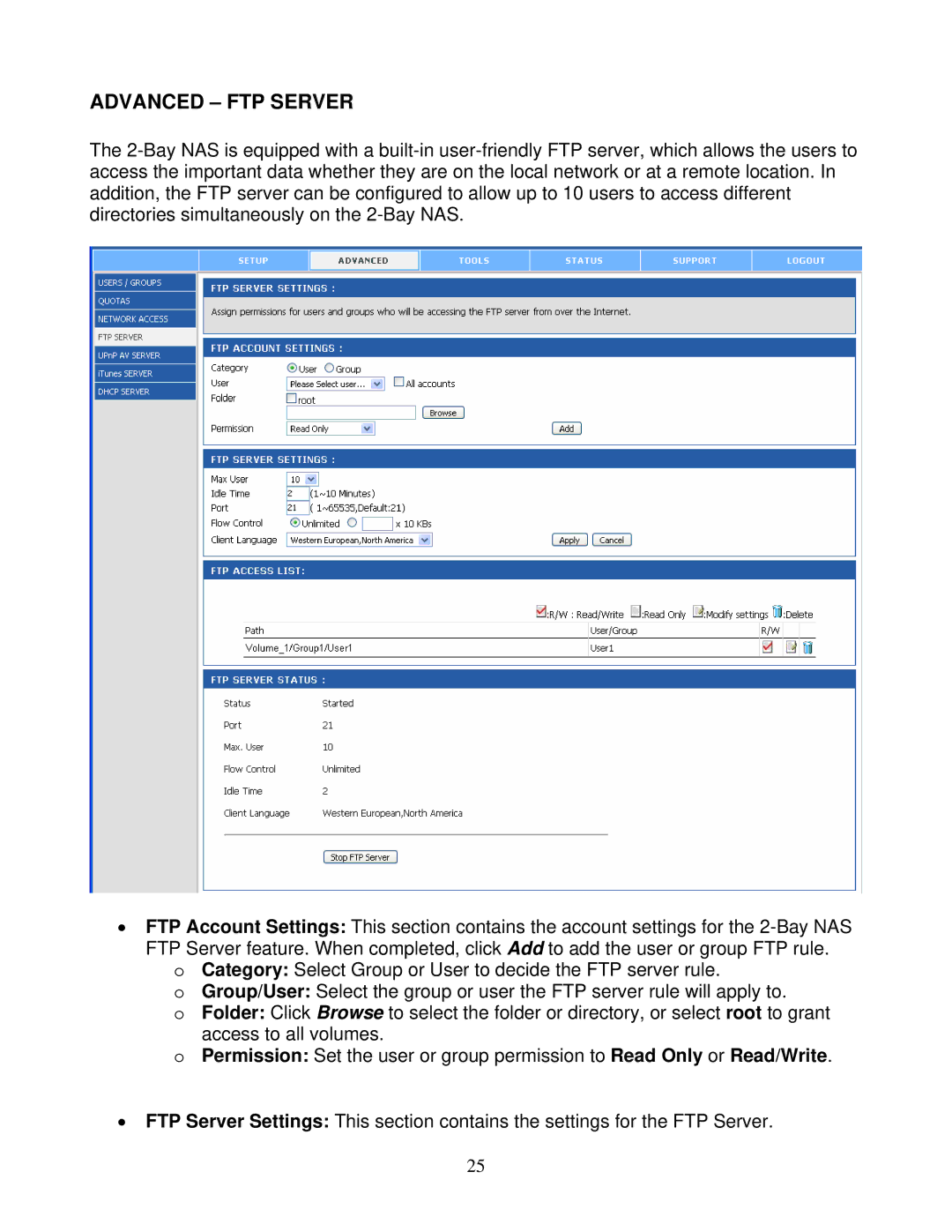 Airlink101 ANAS550 user manual Advanced FTP Server 