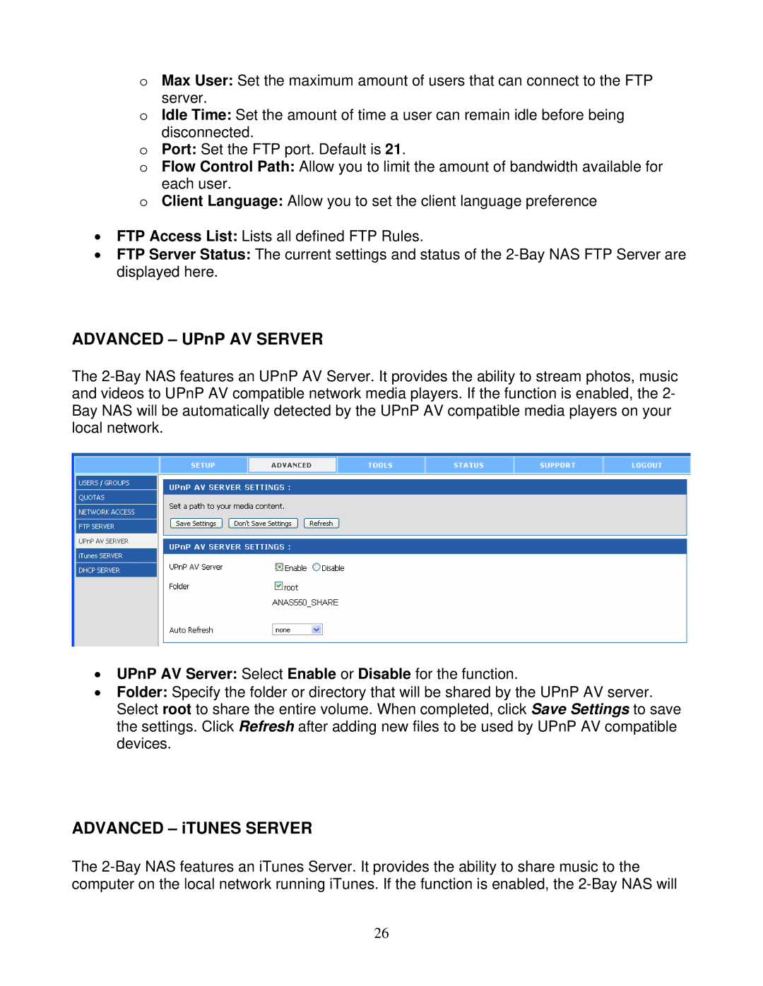 Airlink101 ANAS550 user manual Advanced UPnP AV Server 