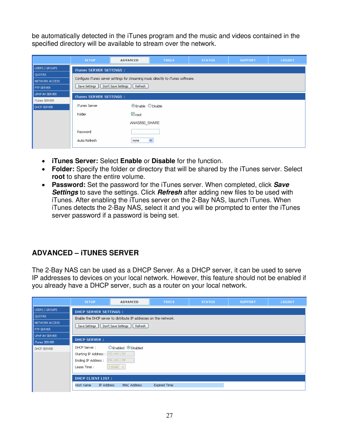 Airlink101 ANAS550 user manual ITunes Server Select Enable or Disable for the function 