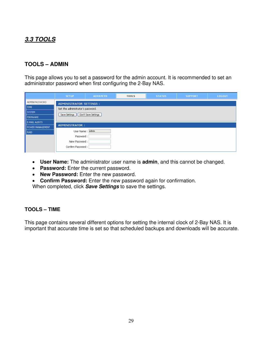 Airlink101 ANAS550 user manual Tools Admin, Tools Time 