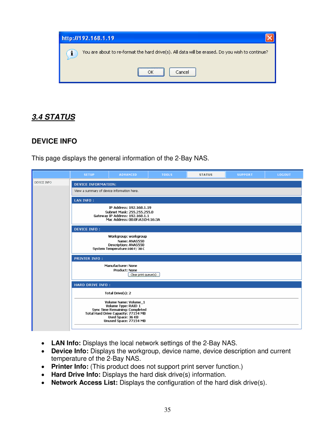 Airlink101 ANAS550 user manual Status, Device Info 