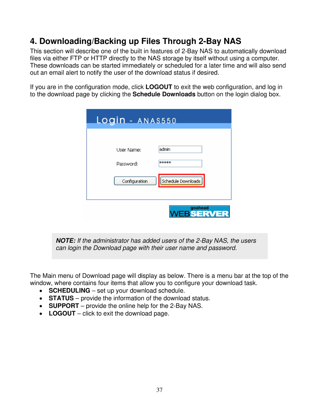 Airlink101 ANAS550 user manual Downloading/Backing up Files Through 2-Bay NAS 