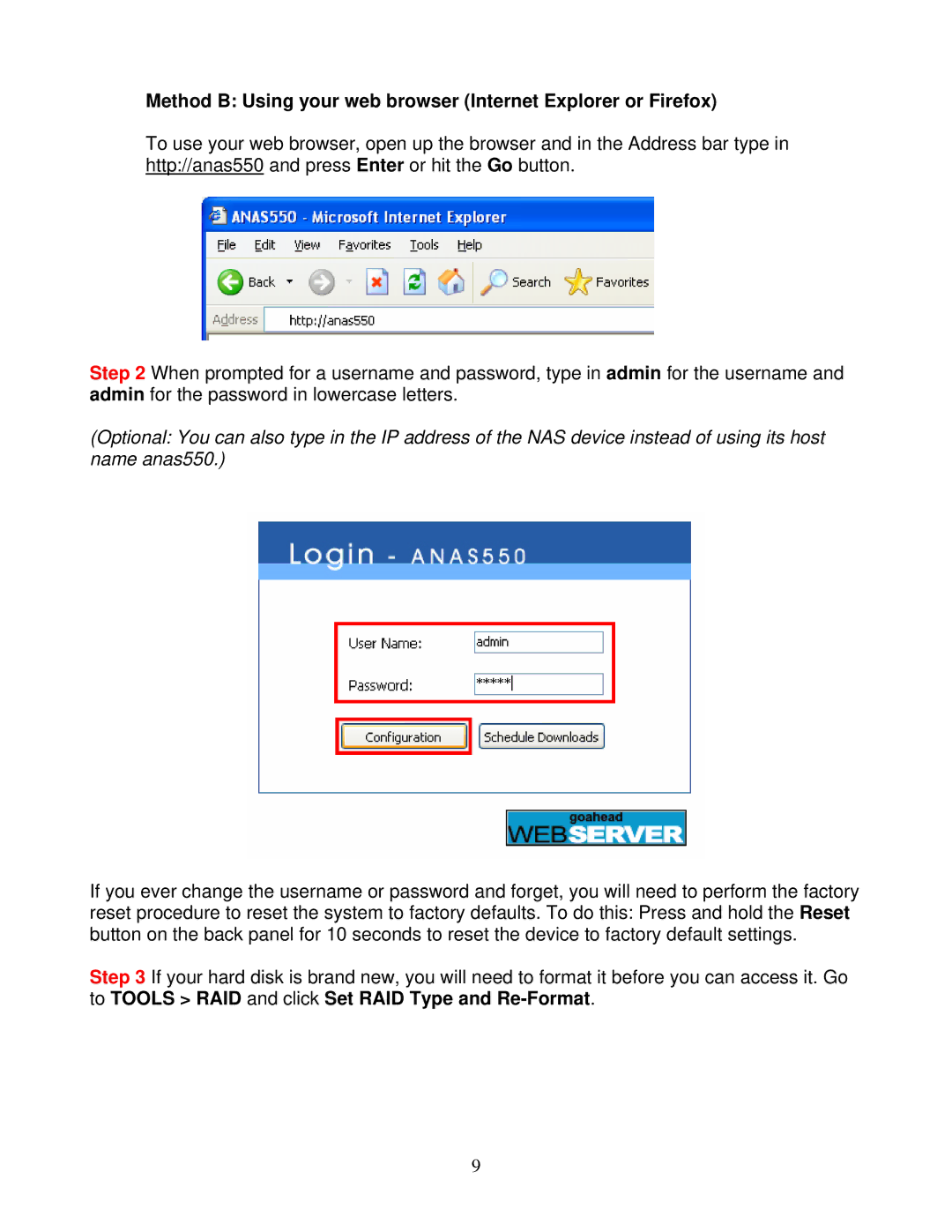 Airlink101 ANAS550 user manual Method B Using your web browser Internet Explorer or Firefox 