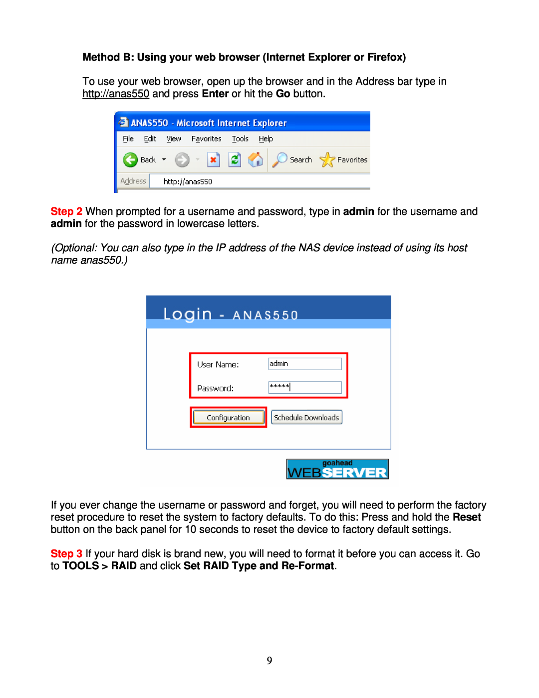 Airlink101 ANAS550 user manual Method B Using your web browser Internet Explorer or Firefox 