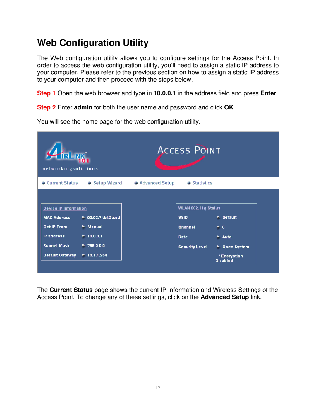 Airlink101 AP411W user manual Web Configuration Utility 