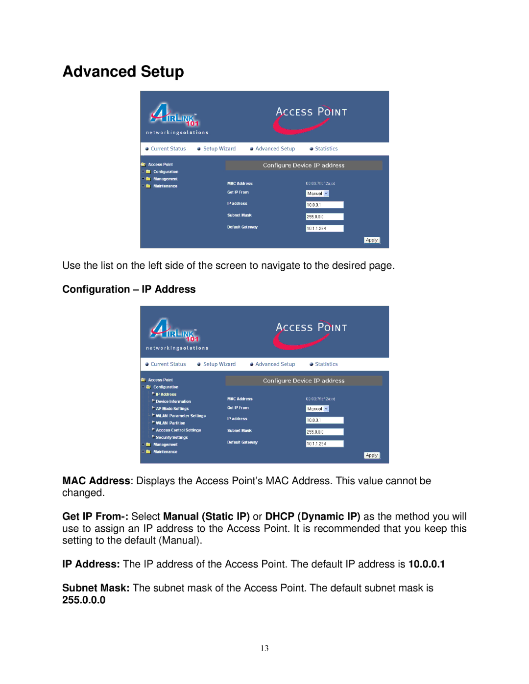Airlink101 AP411W user manual Advanced Setup, Configuration IP Address, 255.0.0.0 