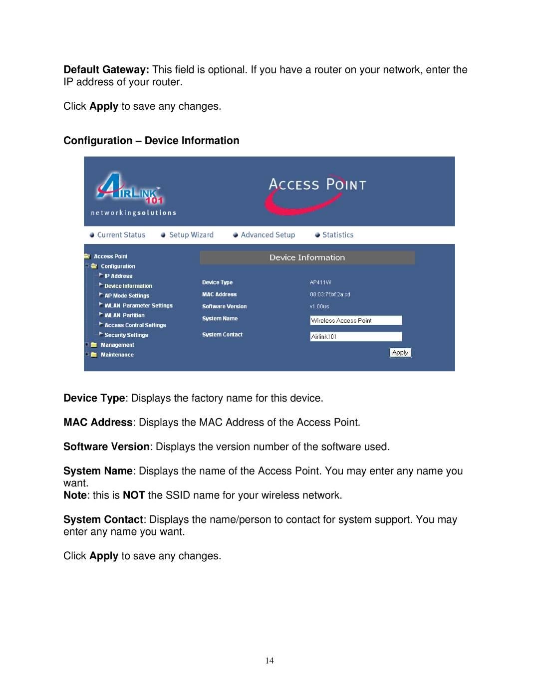 Airlink101 AP411W user manual Configuration Device Information 