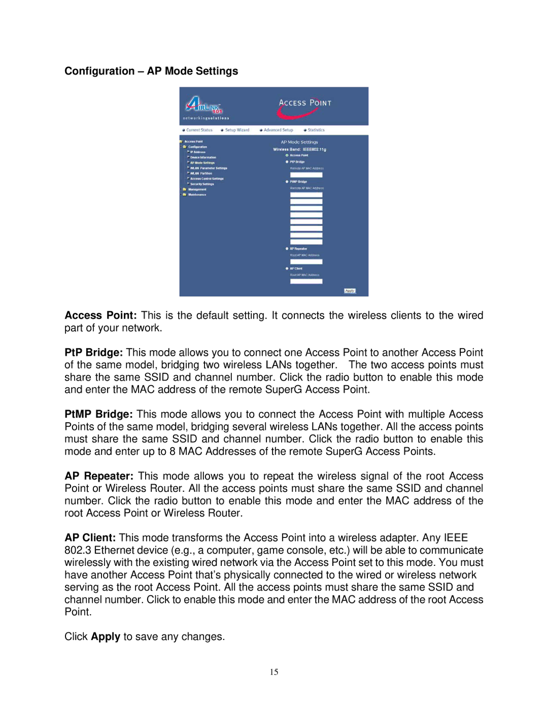 Airlink101 AP411W user manual Configuration AP Mode Settings 