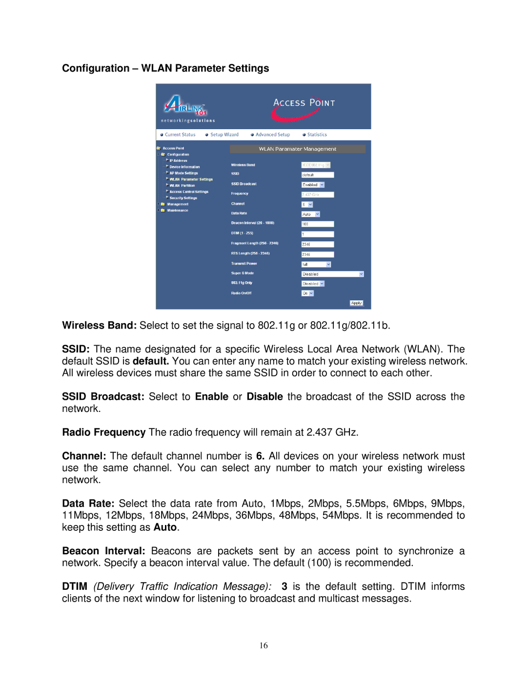 Airlink101 AP411W user manual Configuration Wlan Parameter Settings 