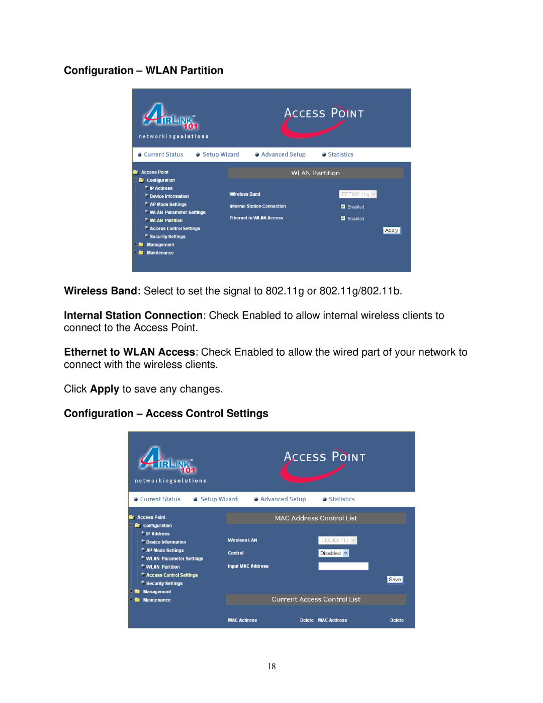 Airlink101 AP411W user manual Configuration Wlan Partition, Configuration Access Control Settings 