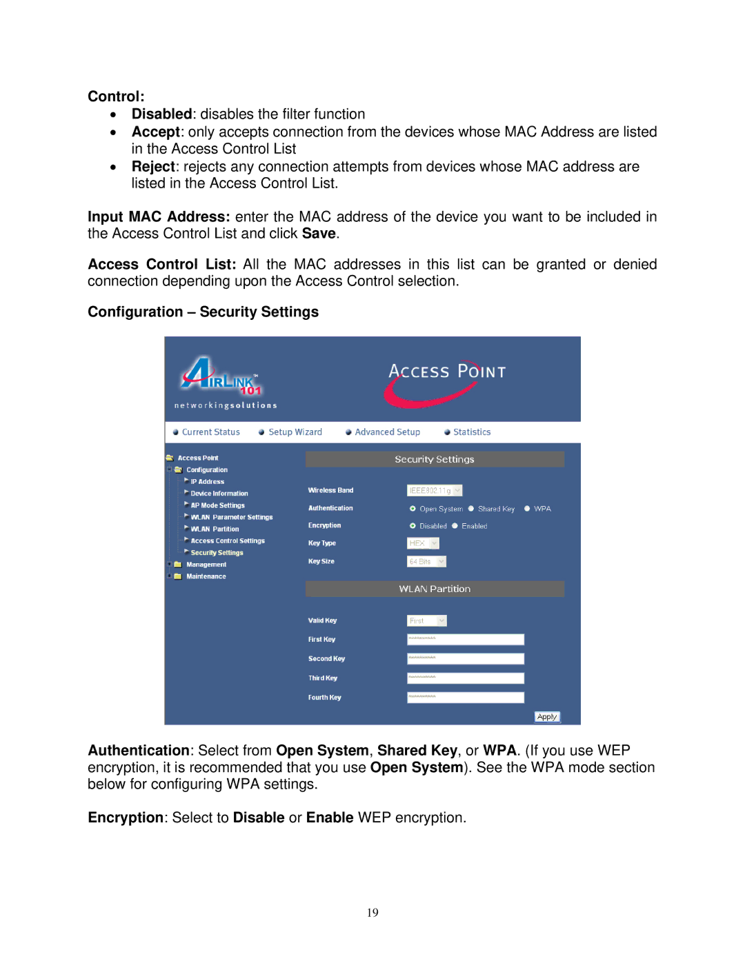 Airlink101 AP411W user manual Control, Configuration Security Settings 