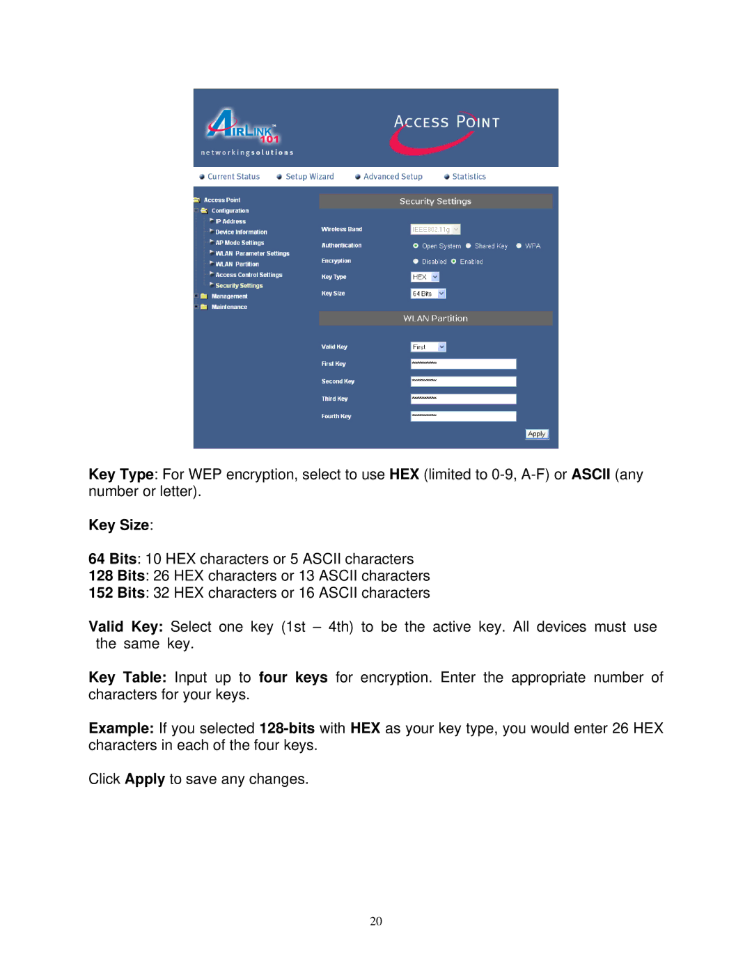 Airlink101 AP411W user manual Key Size 