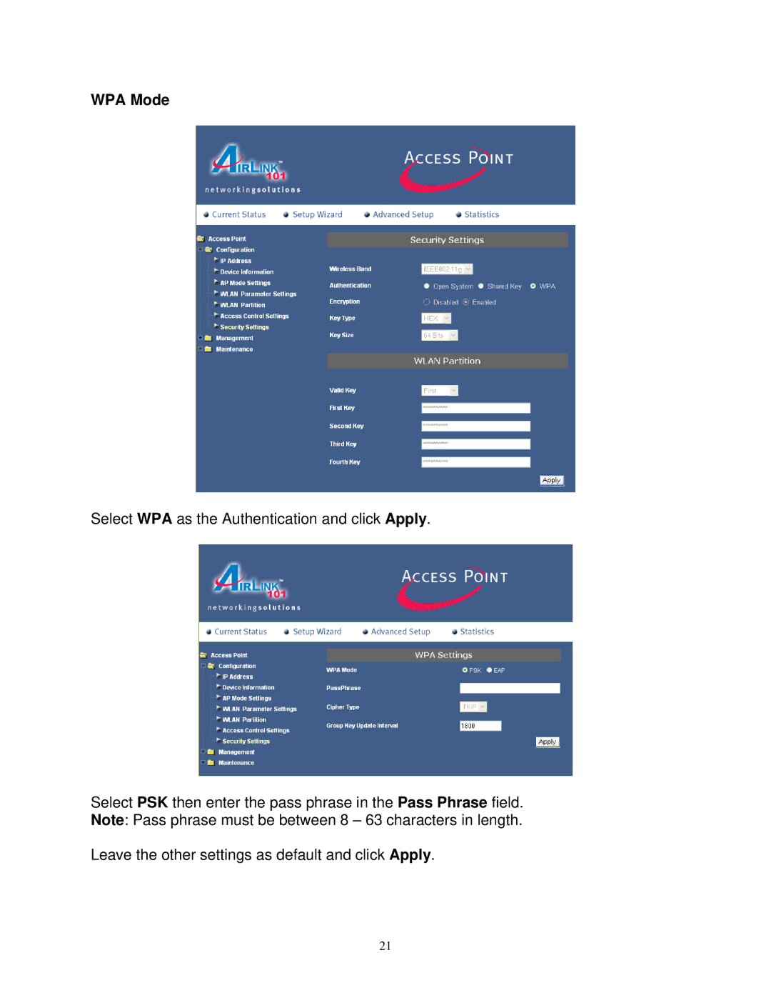 Airlink101 AP411W user manual WPA Mode 