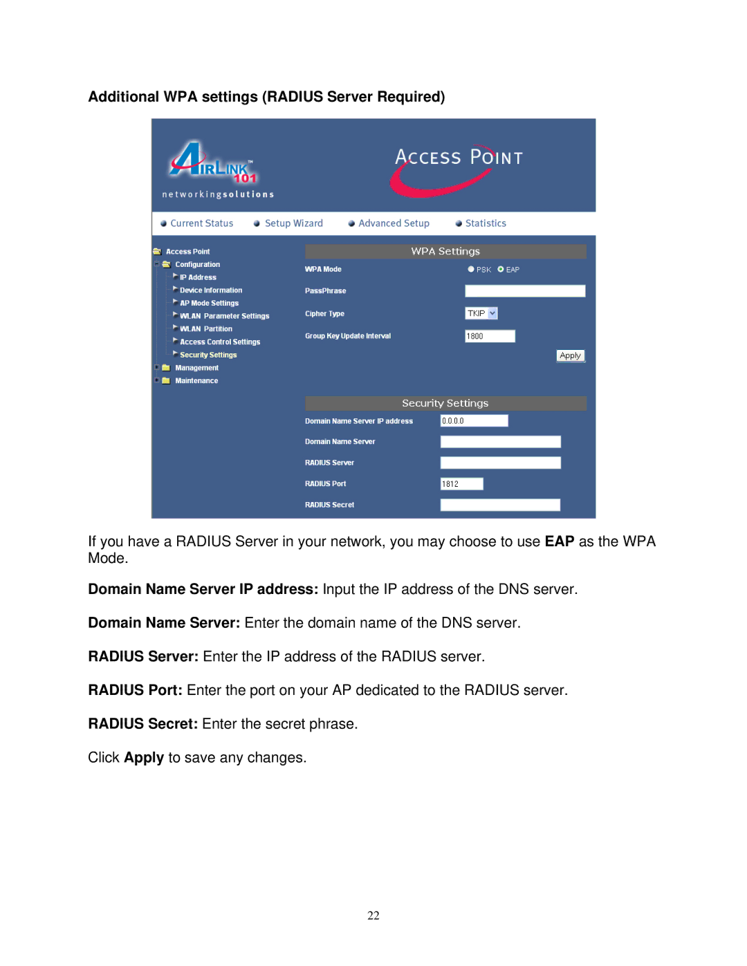 Airlink101 AP411W user manual Additional WPA settings Radius Server Required 