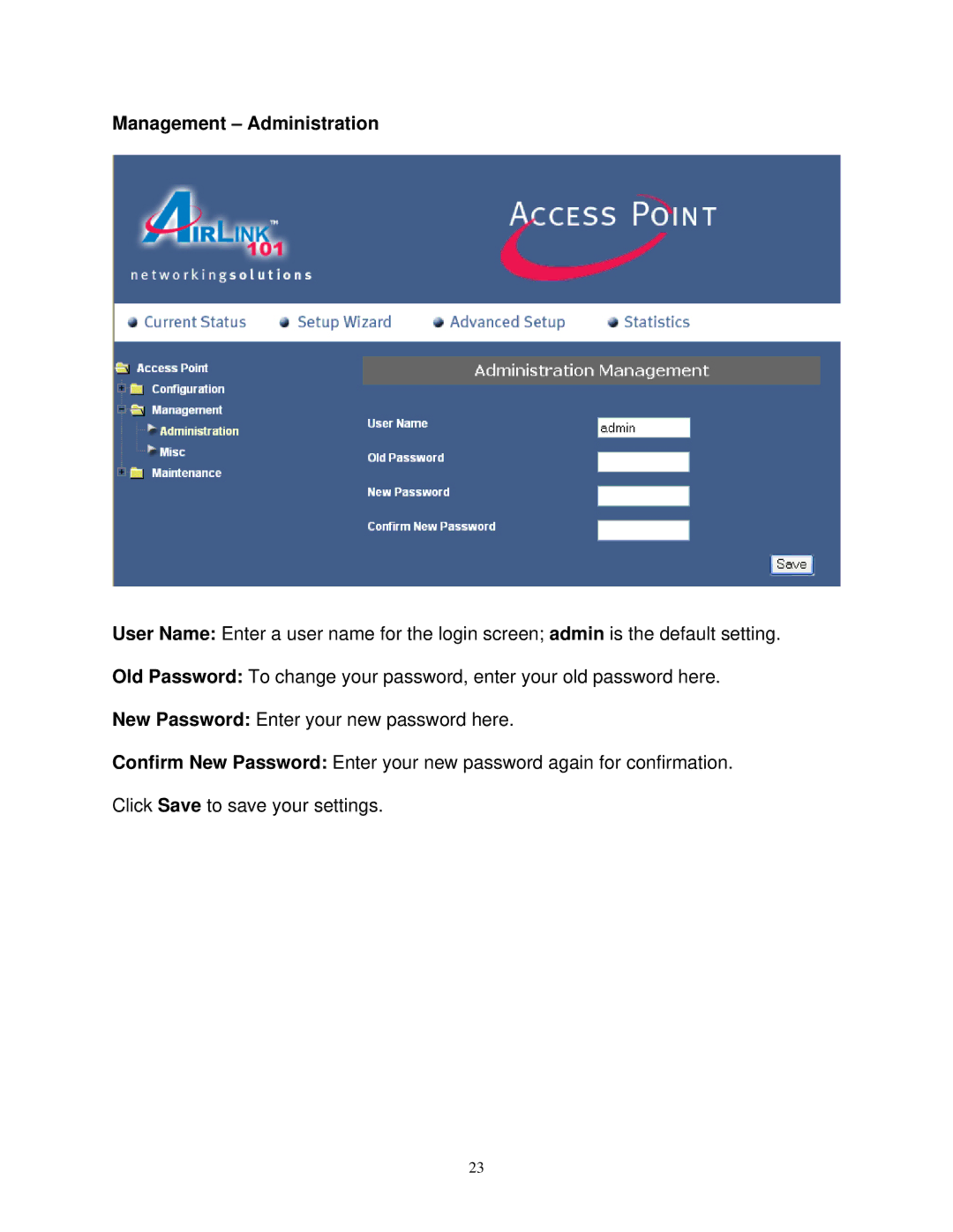 Airlink101 AP411W user manual Management Administration 