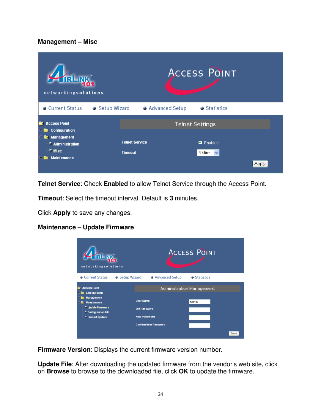 Airlink101 AP411W user manual Management Misc, Maintenance Update Firmware 