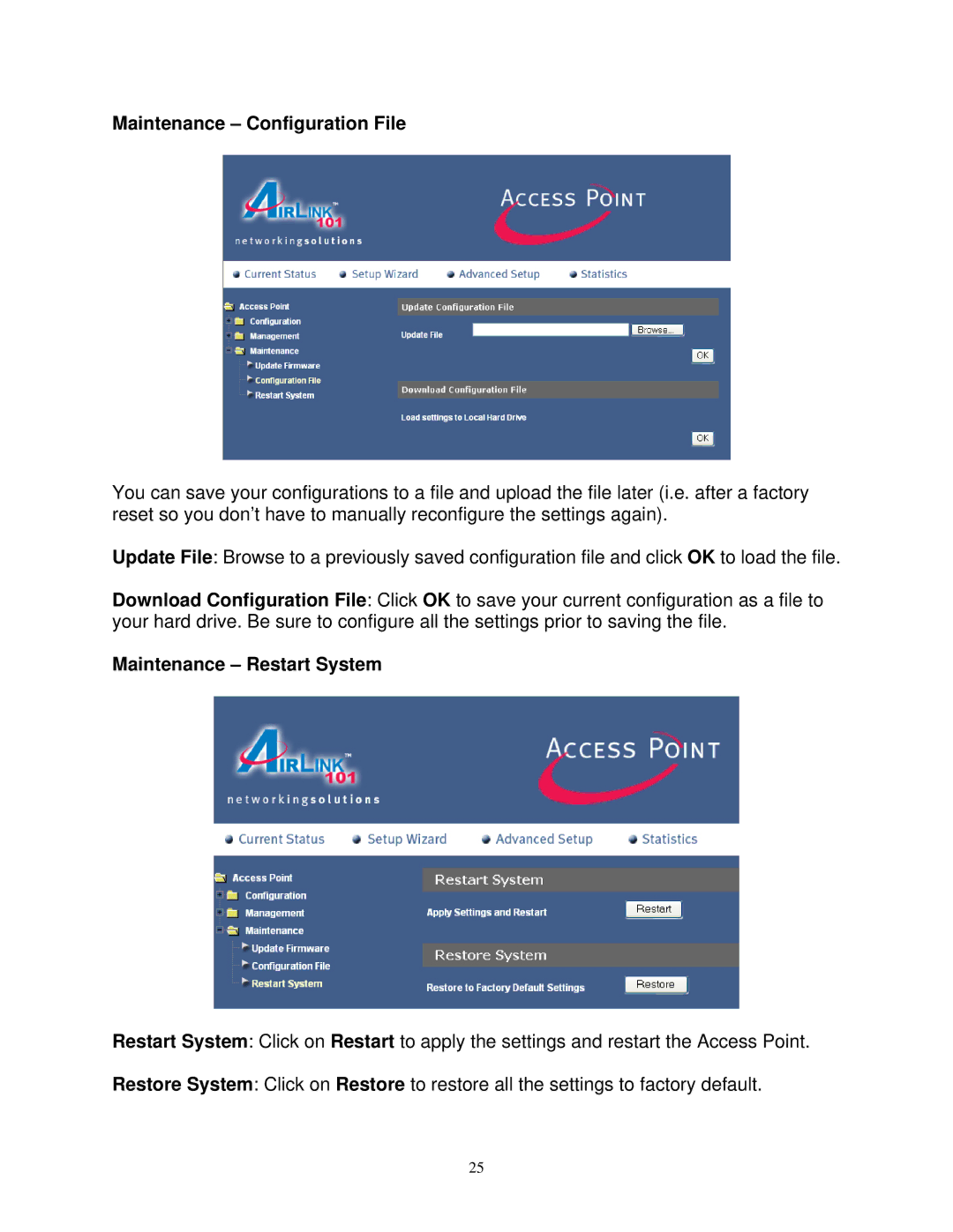 Airlink101 AP411W user manual Maintenance Configuration File, Maintenance Restart System 