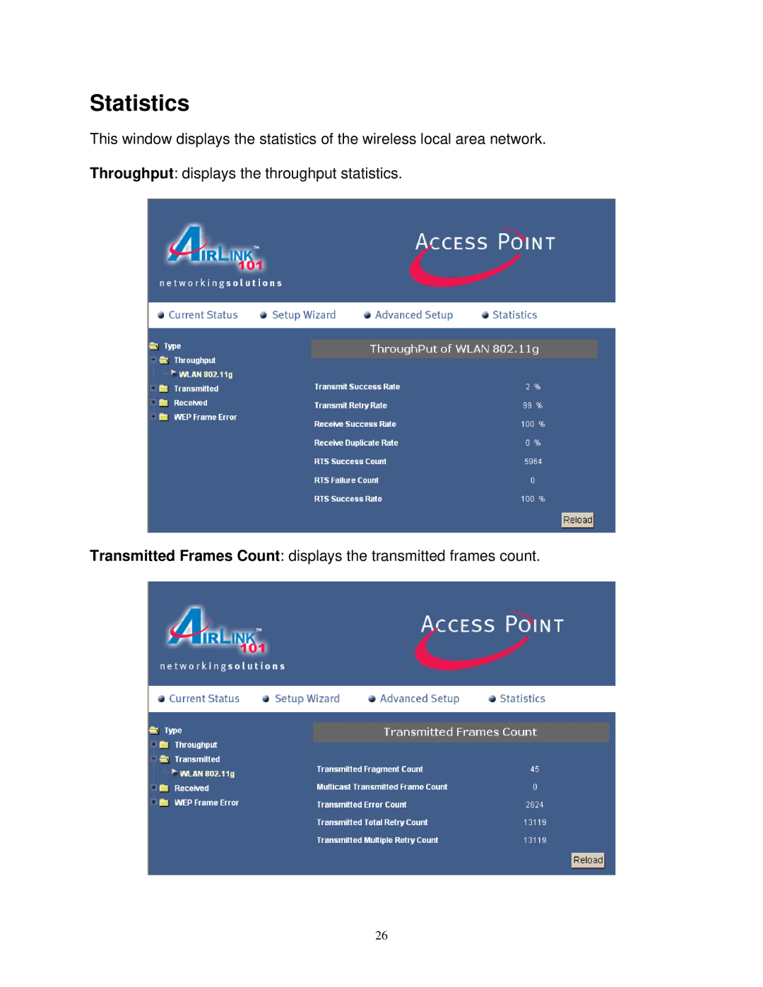 Airlink101 AP411W user manual Statistics 