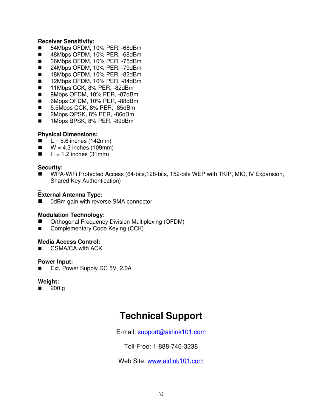 Airlink101 AP411W user manual Technical Support, Receiver Sensitivity 