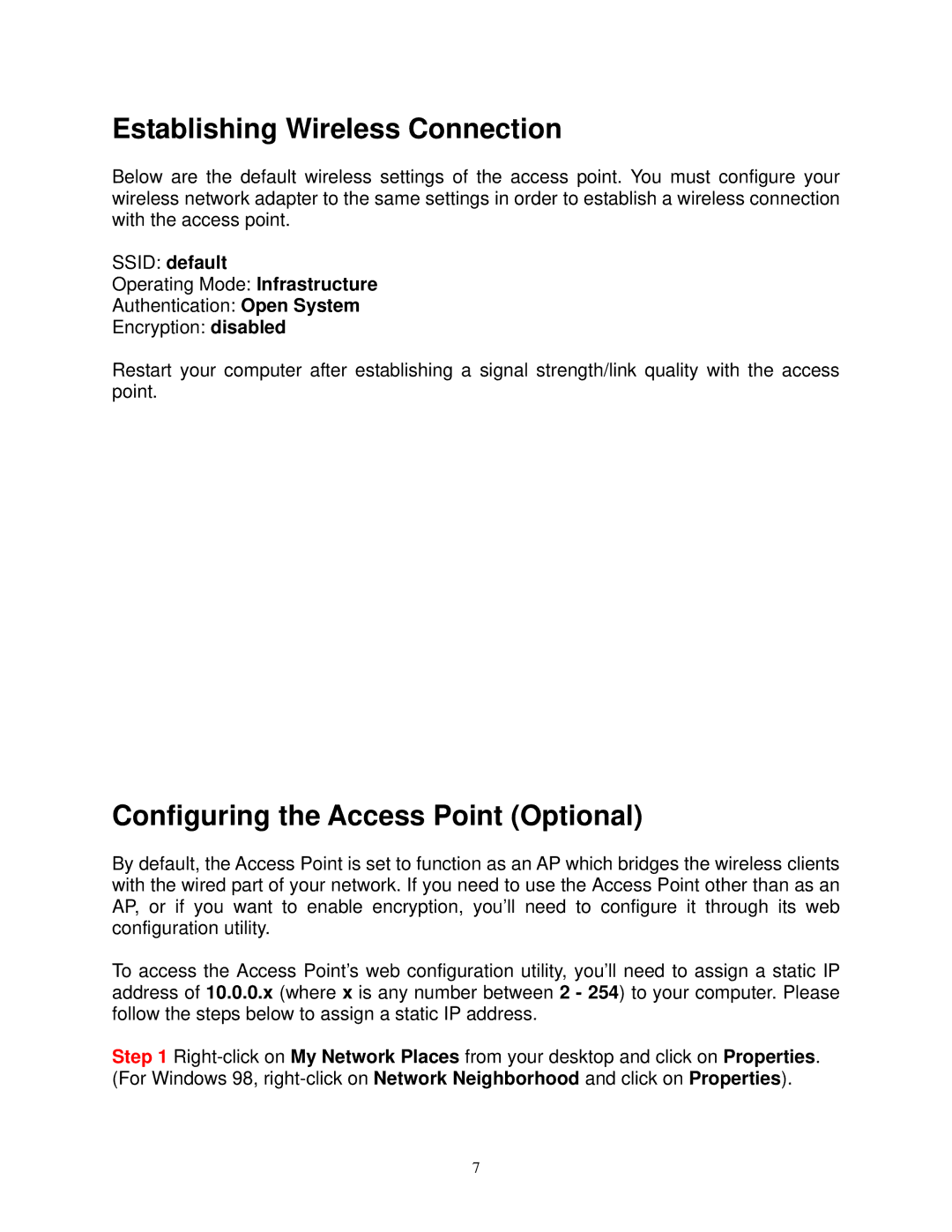 Airlink101 AP411W user manual Establishing Wireless Connection, Configuring the Access Point Optional, Ssid default 