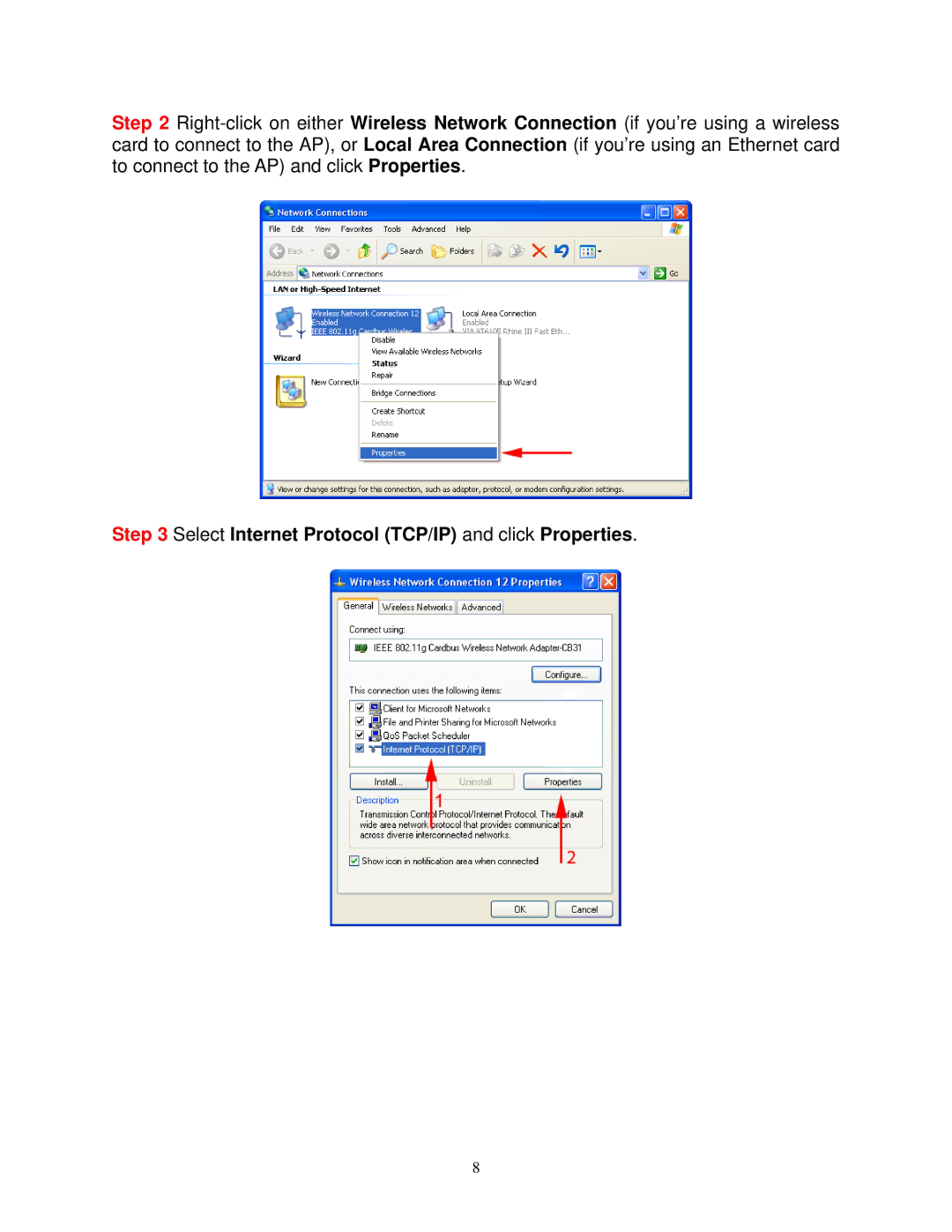 Airlink101 AP411W user manual Select Internet Protocol TCP/IP and click Properties 