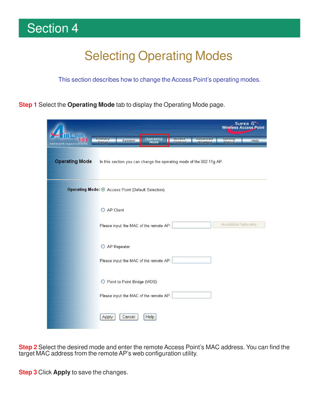 Airlink101 AP421W manual Selecting Operating Modes 