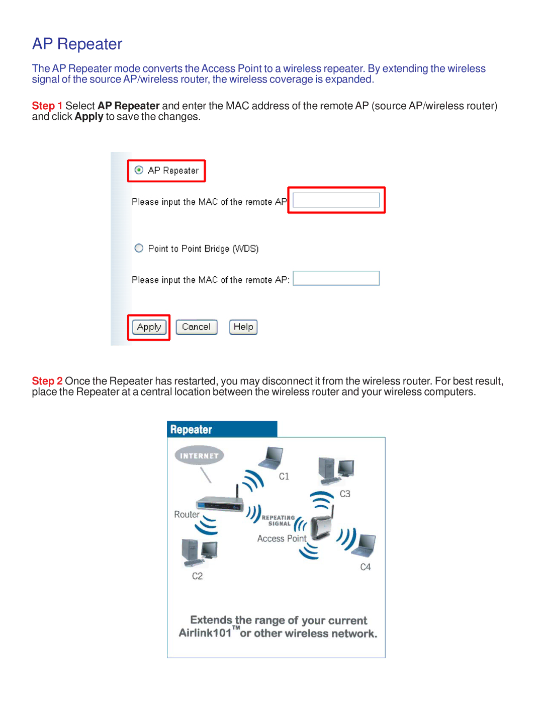 Airlink101 AP421W manual AP Repeater 