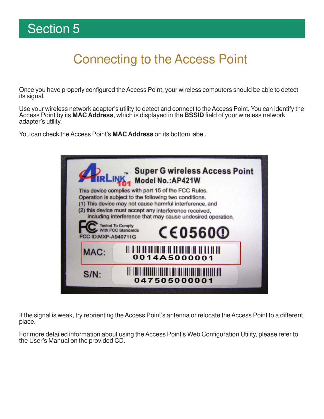 Airlink101 AP421W manual Connecting to the Access Point 